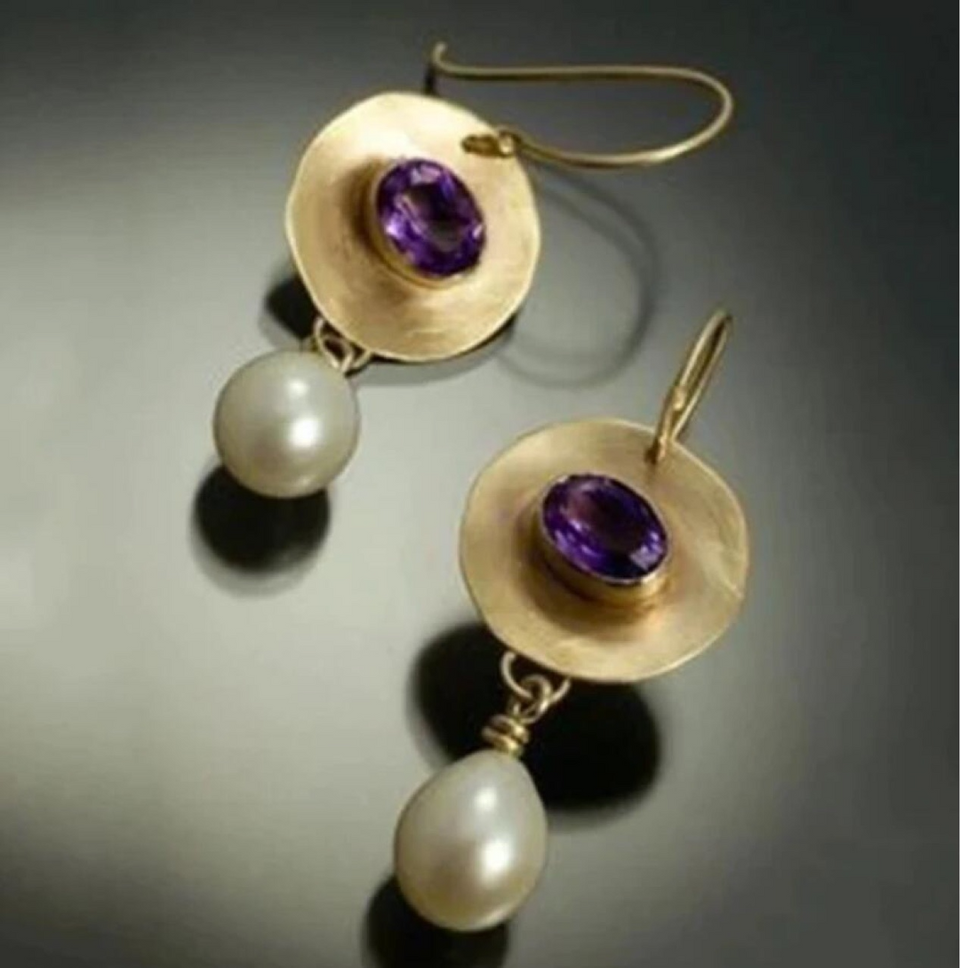 Sariah – Vintage Golden Purple Zirconia Pearl Earrings